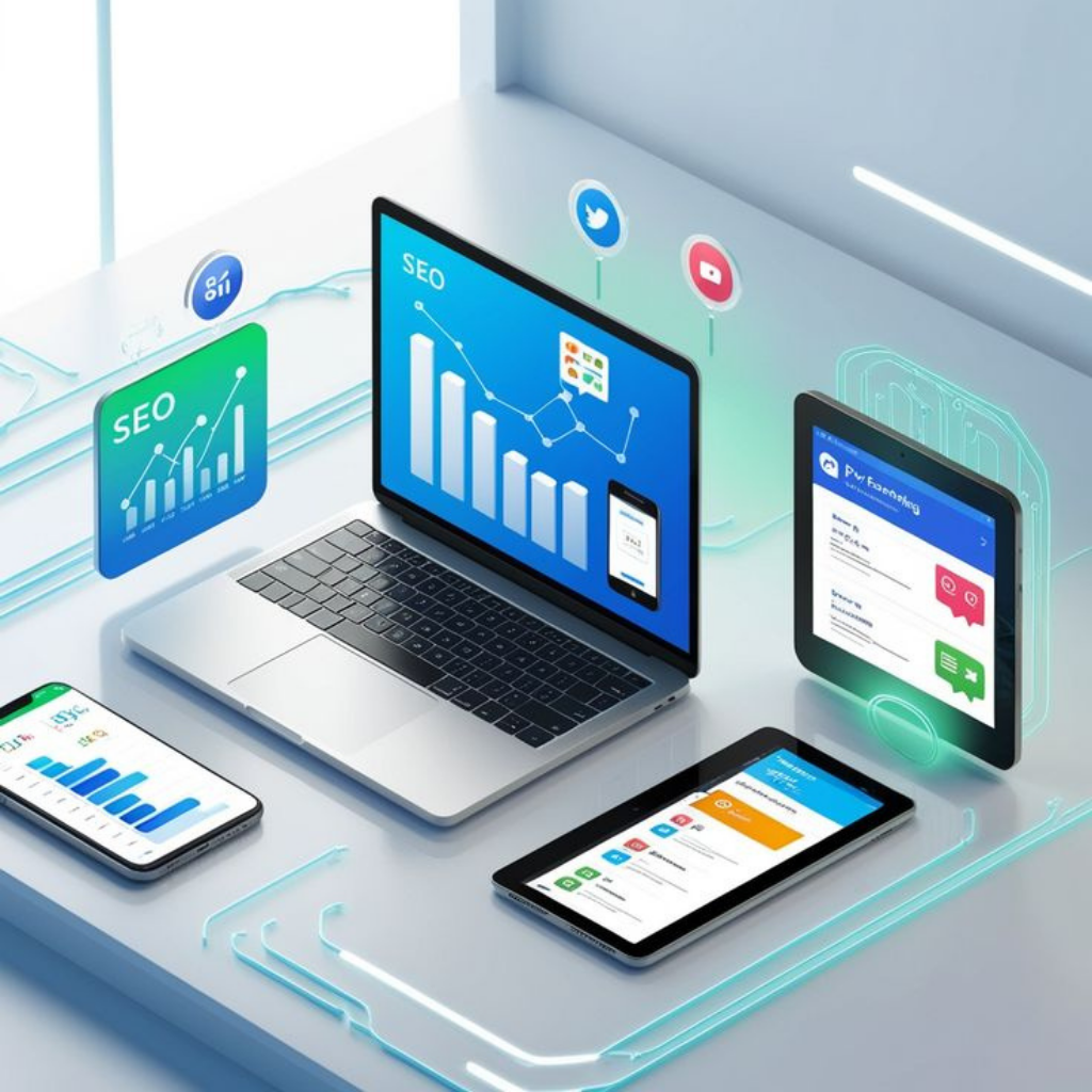 Digital marketing agency showcasing SEO analytics, social media marketing, and performance dashboards across multiple devices