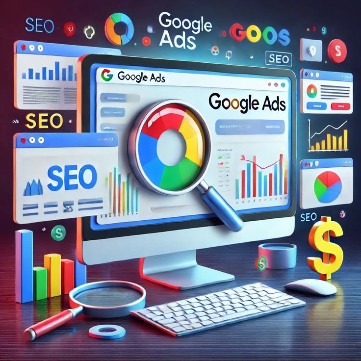 oogle Ads services illustration with analytics, graphs and campaign optimization tools
