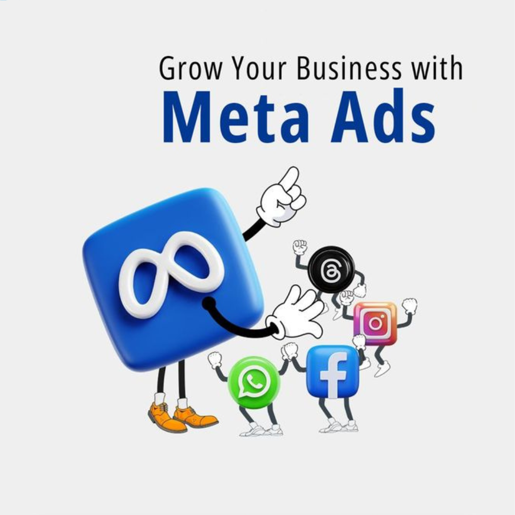 Meta Ads illustration showing business growth across Facebook, Instagram, and WhatsApp platforms.