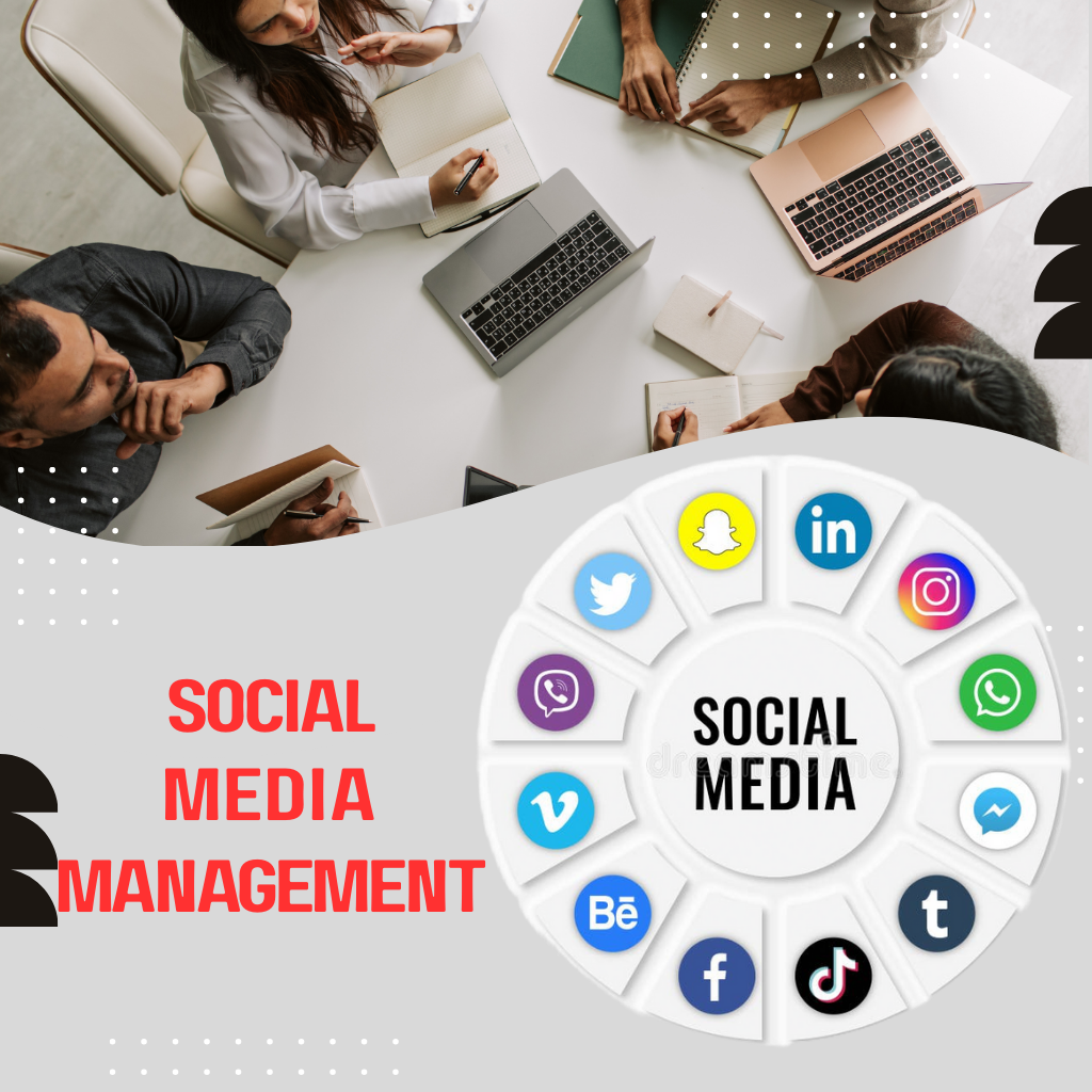 Social media management services illustration with digital marketing team and social platforms